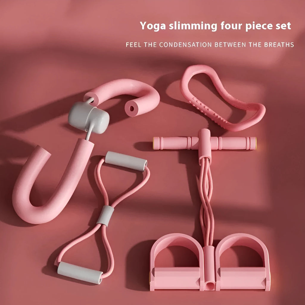 Yoga four-piece set showing a leg beauty device, yoga ring, pedal tension device, and figure eight tension rope.