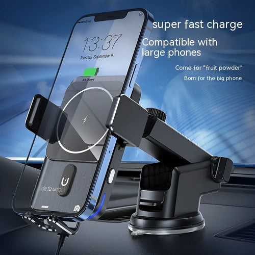 Black car wireless charger phone holder with 15W charging and dual mounting options
