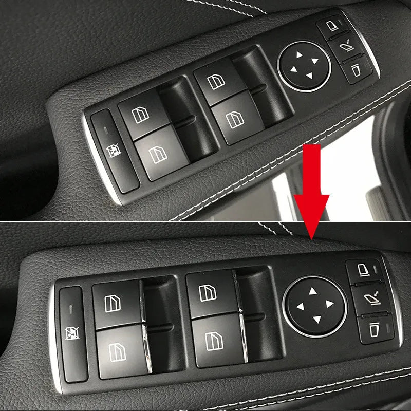 Black glitter decorative sticker for car window lift button modification on a dark background.
