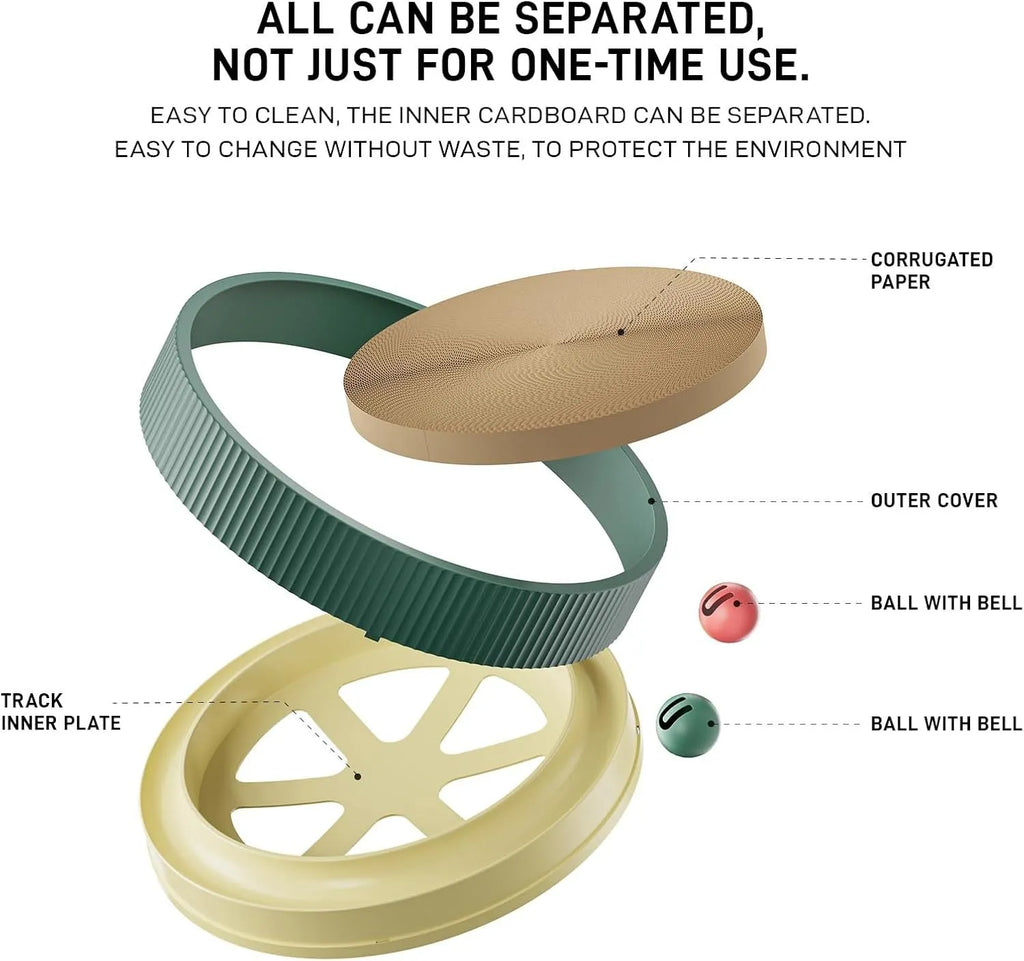Large green circular cat scratching board with replaceable core and integrated ball toys