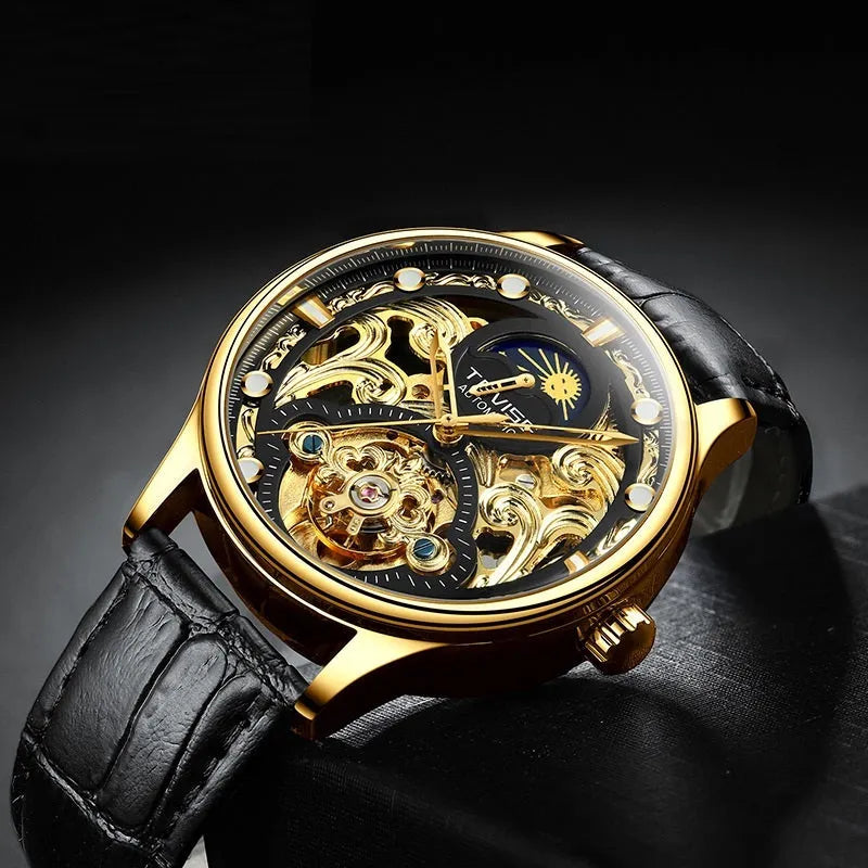 Men's gold leather strap automatic mechanical watch with business styling