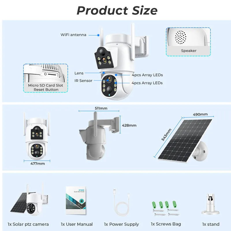 Outdoor solar wireless security camera with solar panel in black and white finish