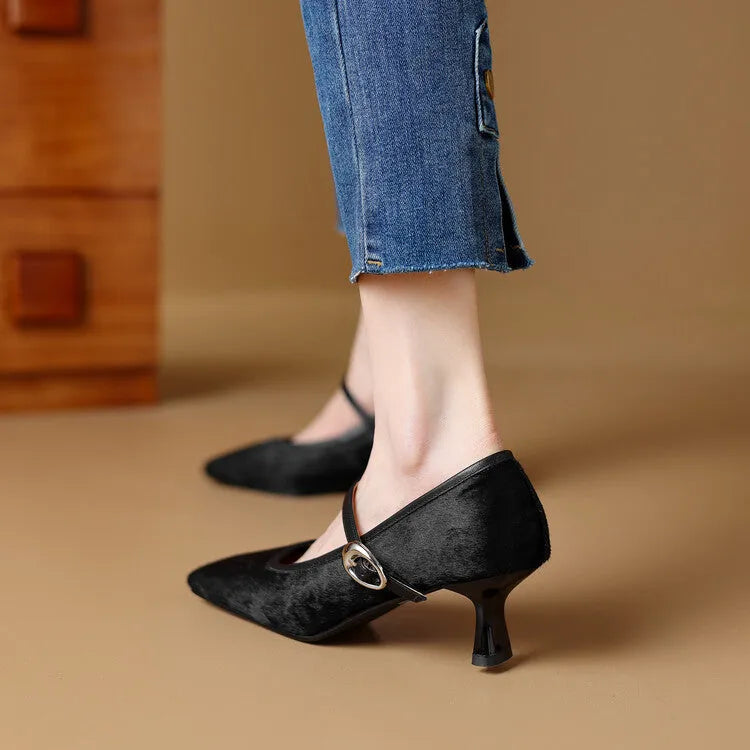 Women's black ankle-strap stiletto heels with a horse hair upper and square toe.