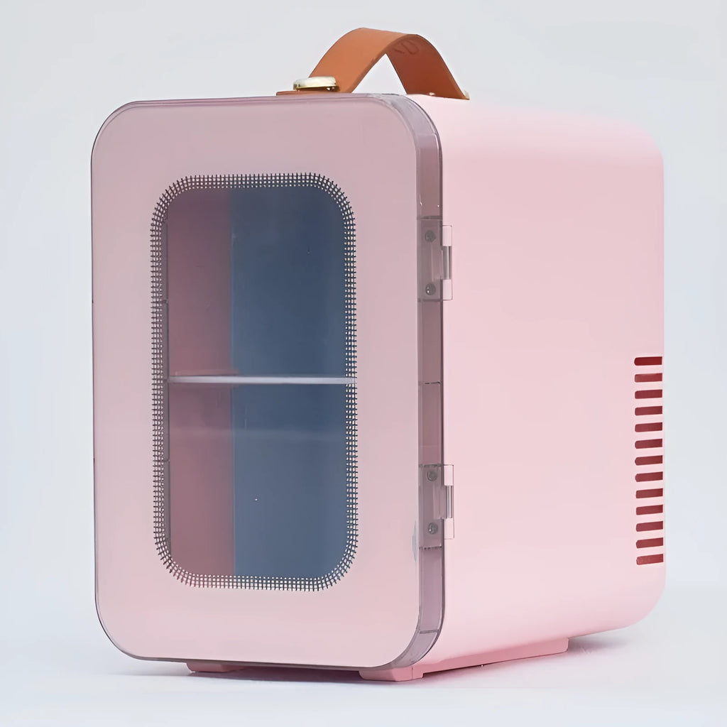 Pink mini refrigerator with transparent door showing 6L capacity for beauty product storage