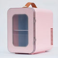 Pink mini refrigerator with transparent door showing 6L capacity for beauty product storage
