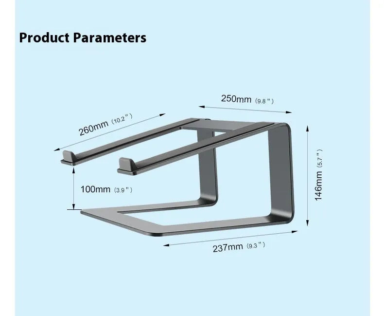 Aluminium alloy laptop stand riser in black or silver with 18.5cm height and non-slip silicone pads