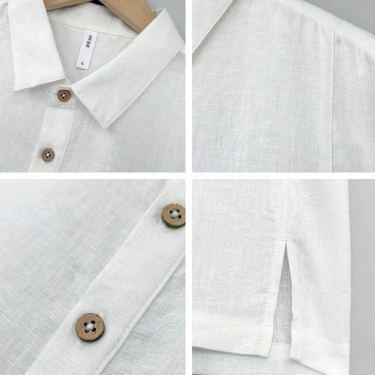 Men's linen summer top with thin lapels and short sleeves in loose fit design