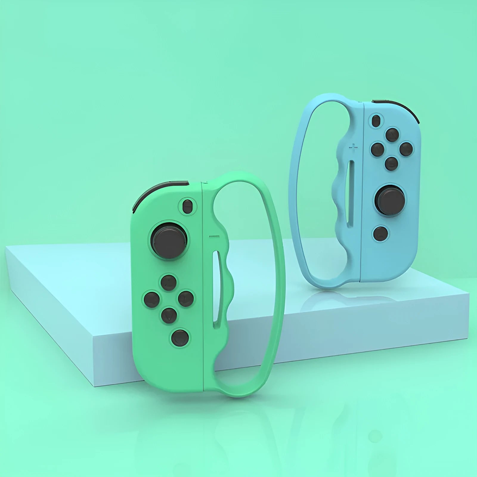 Black and coloured Nintendo Switch Joy-Con grip attachments with hand rope security straps