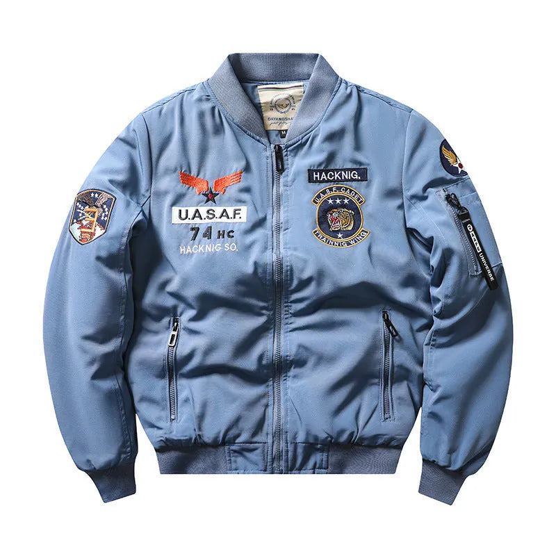 Men's slim-fit black retro Harley Davidson cotton padded coat with stand collar and embroidery.