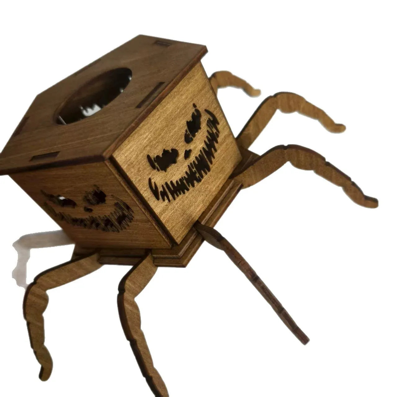 Wooden spider Halloween candlestick decoration measuring 21cm by 8.5cm