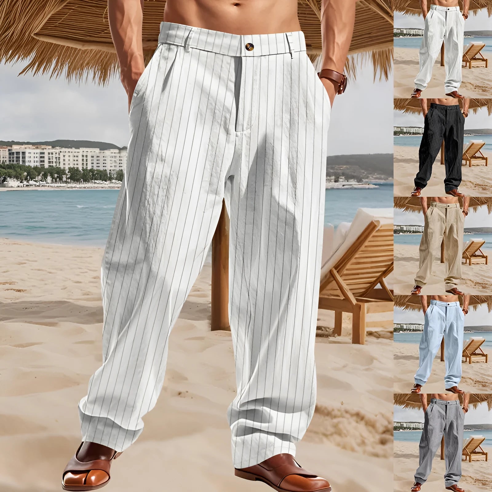 Men's linen striped high waist wide leg pants in light khaki colour, loose fit, button fly