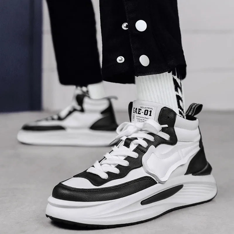 Men's black and white platform high-top casual board shoes with round toe and PU upper