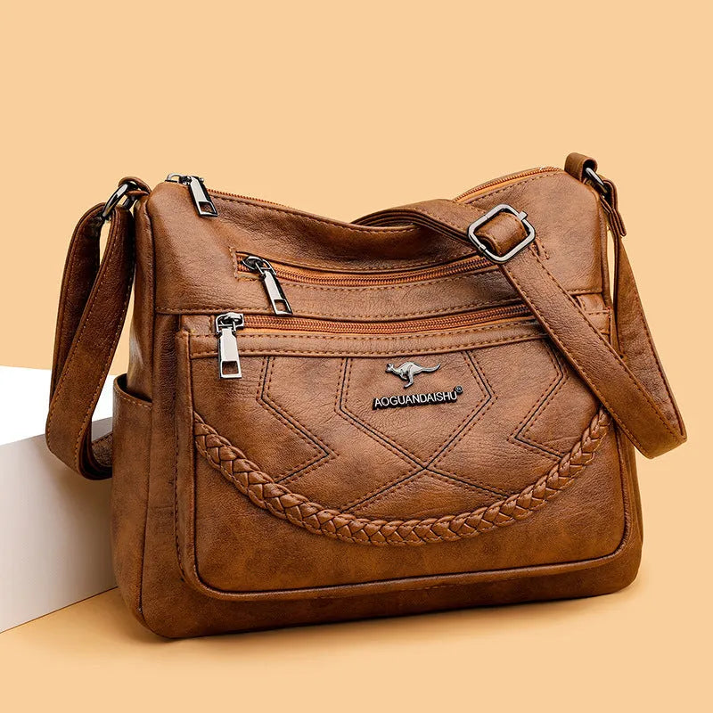 Women's soft PU leather crossbody shoulder bag in horizontal square shape with sandwich pocket
