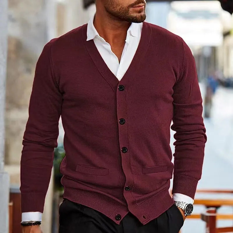 Men's slim-fit acrylic cardigan sweater in dark grey colour on a hanger