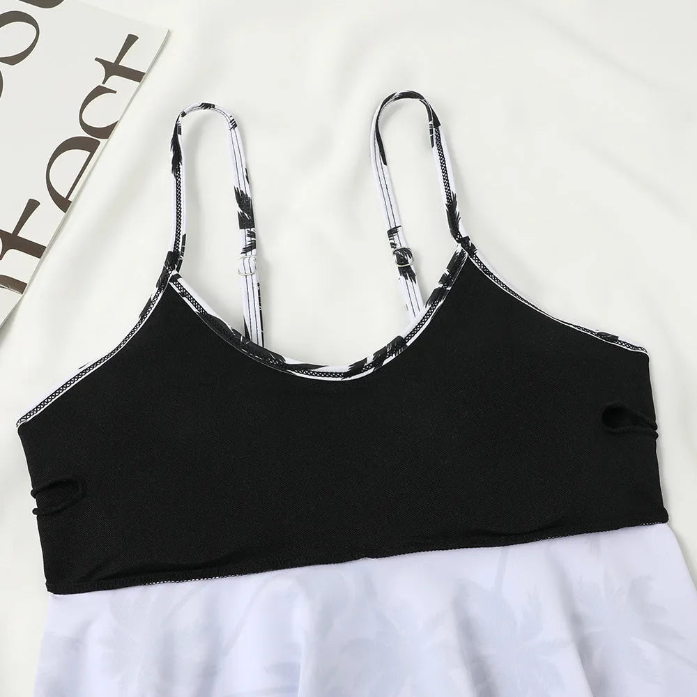 High waist double-layer swimsuit in black or coconut tree print, sleeveless with briefs.