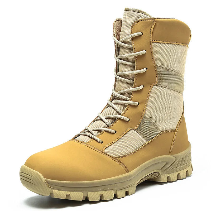 Men's black and camouflage high-top combat boots with mesh upper and totem detailing.