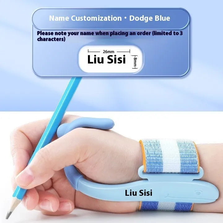 Anti-hook wrist brace pen control corrector for children's handwriting training in blue colour