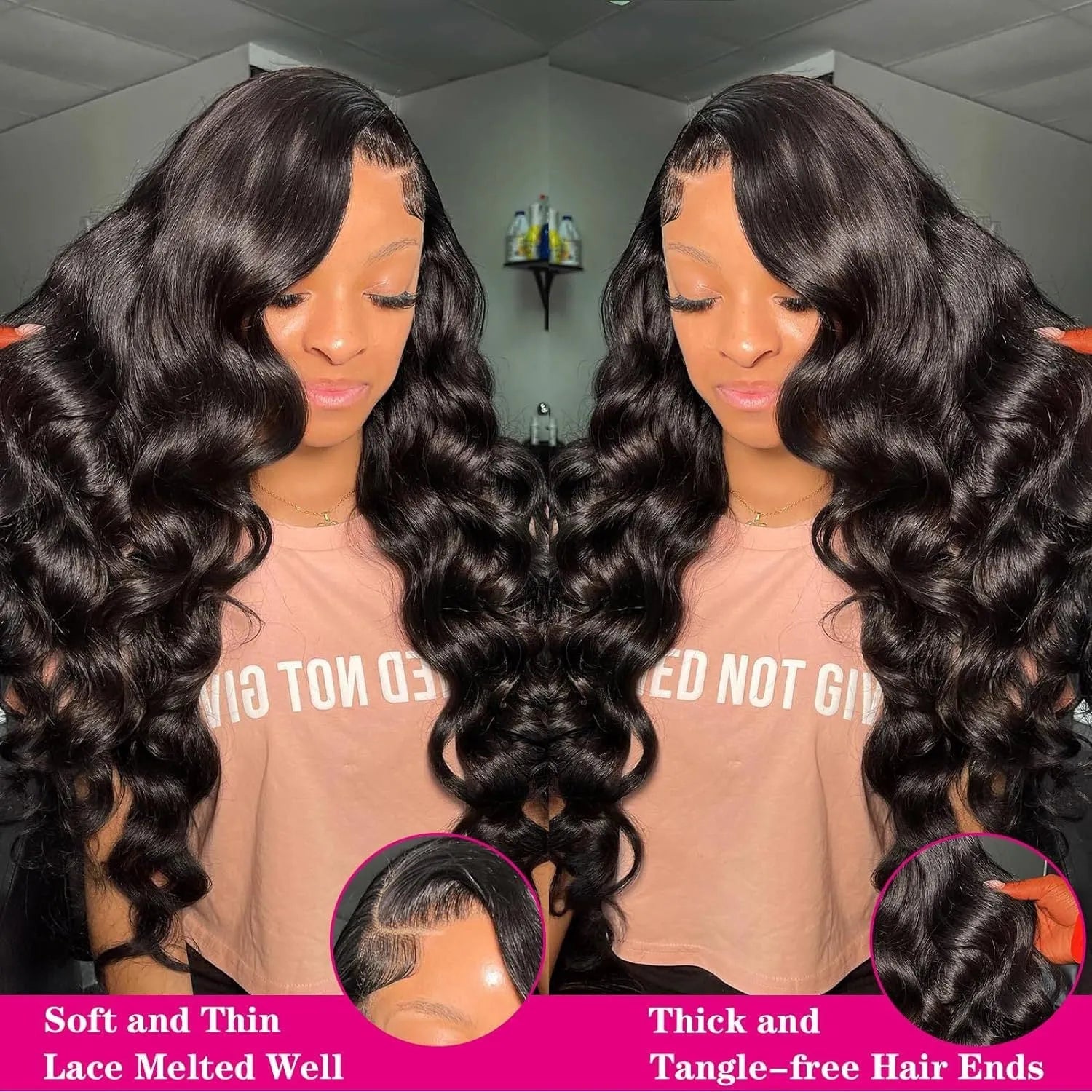 Black medium length curly synthetic wig showing defined wave pattern and full-head coverage