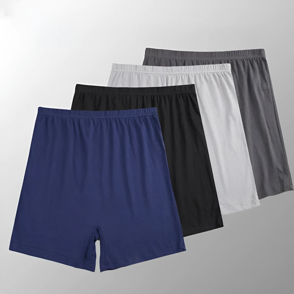 Solid colour modal high-waist men's boxer shorts in black, blue, grey, and brown.