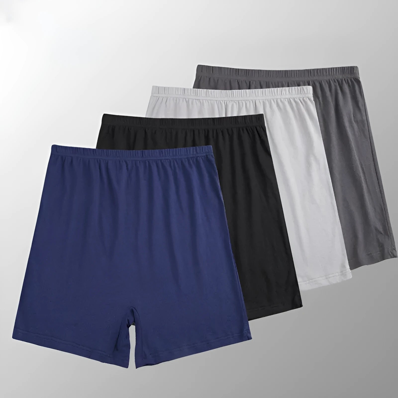 Solid colour modal high-waist men's boxer shorts in black, blue, grey, and brown.