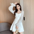 White women's chiffon dress with waist-slimming design and long sleeves