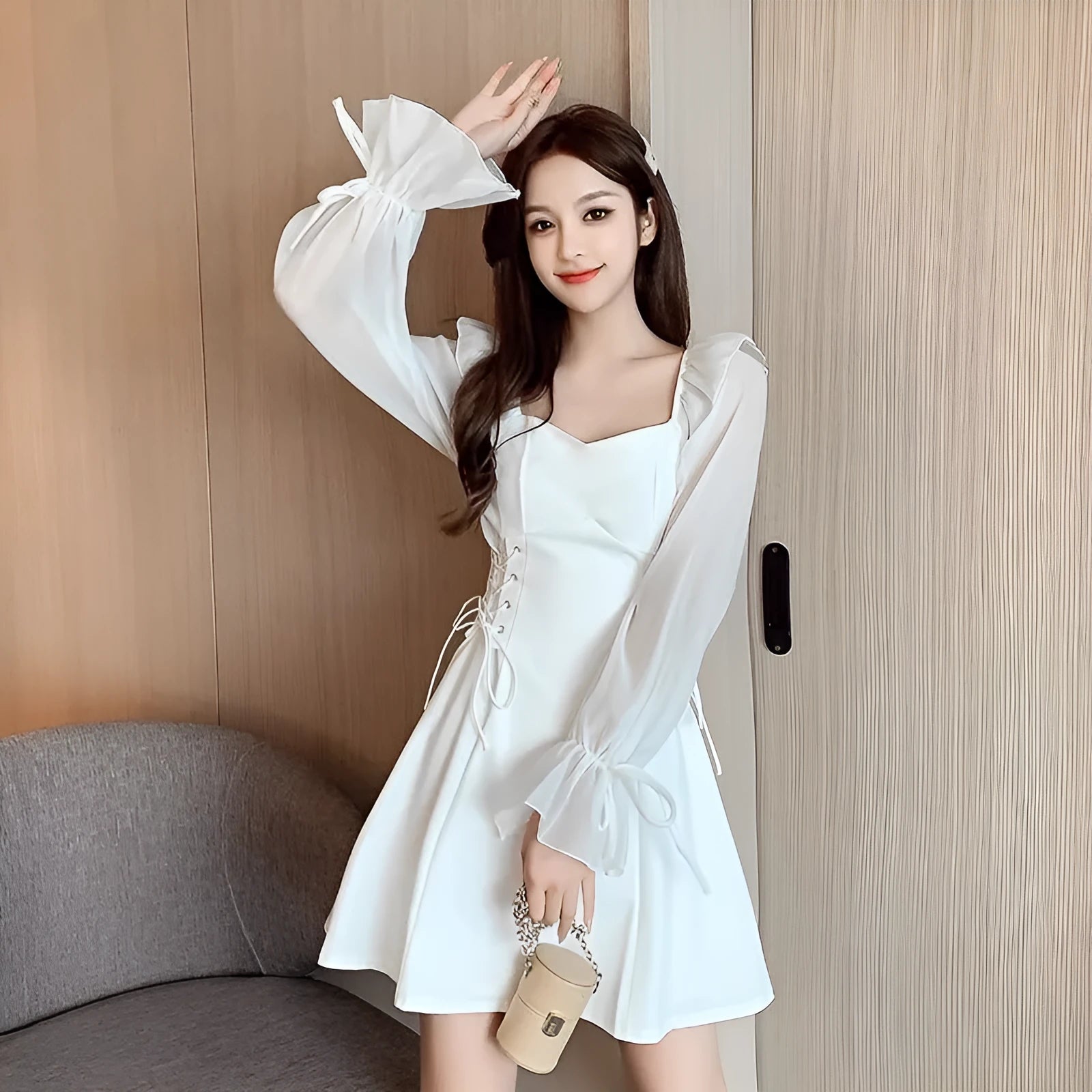 White women's chiffon dress with waist-slimming design and long sleeves