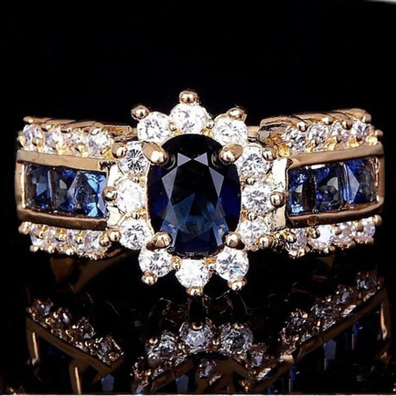 Personalised zinc alloy fashion ring with diamond and zircon details in blue and purple.