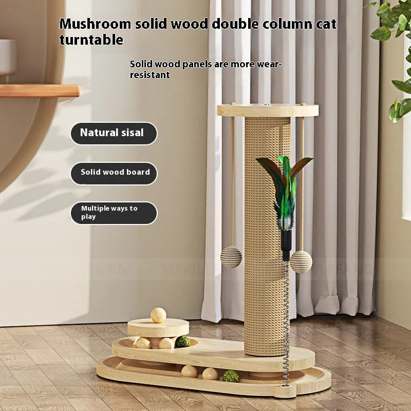 Solid wood cat scratching post with rotating turntable in various style options