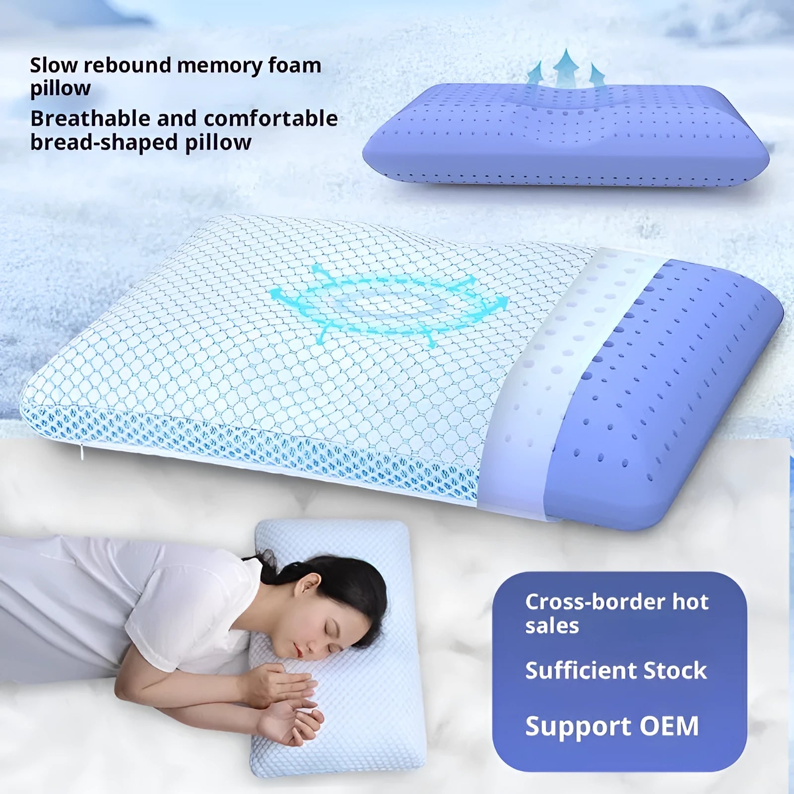 Household cervical memory foam pillow 63x36x13.5cm shown with medium molecule air layer cover in white and blue