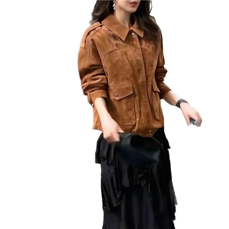 Women's suede-look polyester coat in bright brown colour with regular sleeves on mannequin