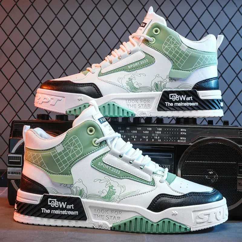 Men's high-top casual board shoes in beige, white, and blue colour options showing lace-up design