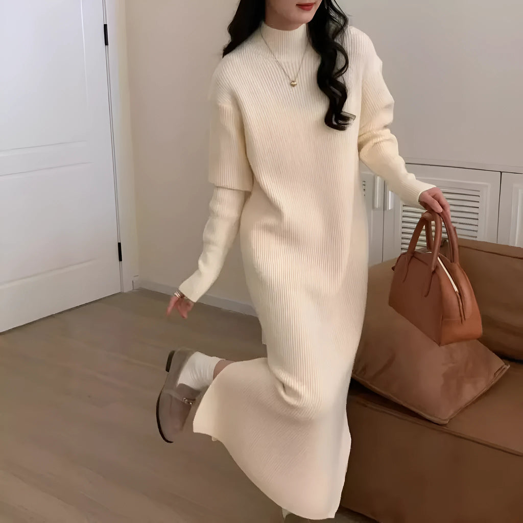 Knee-length acrylic knitted dress with half turtleneck collar and high-waist design