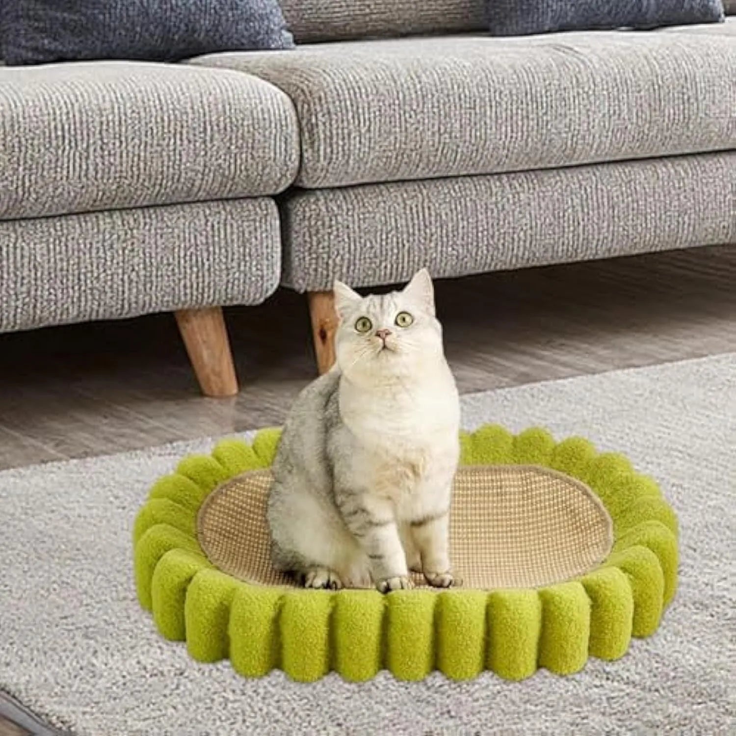 Green oval cat scratch pad bed with sisal scratching surface measuring 650x420mm