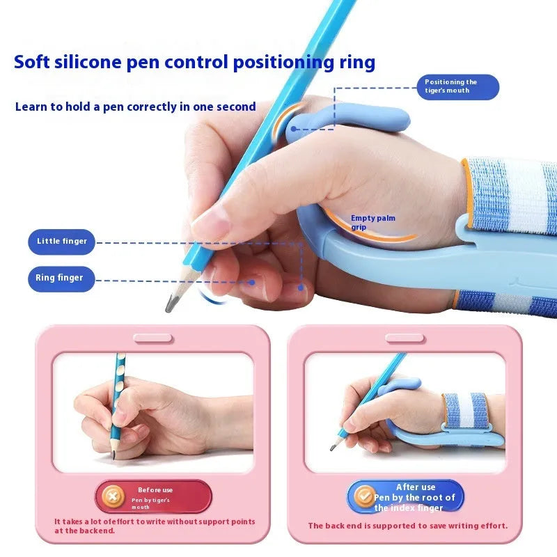 Anti-hook wrist brace pen control corrector for children's handwriting training in blue colour