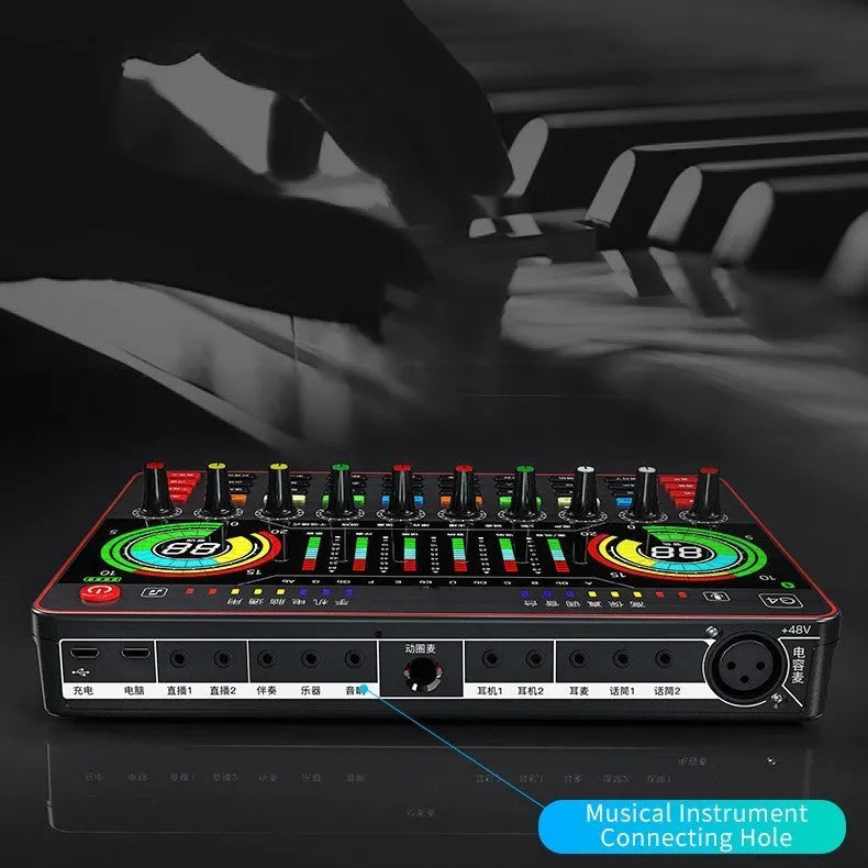 G4 professional sound card set with mixer, large diaphragm microphone, remote control, and audio cables on a desk.