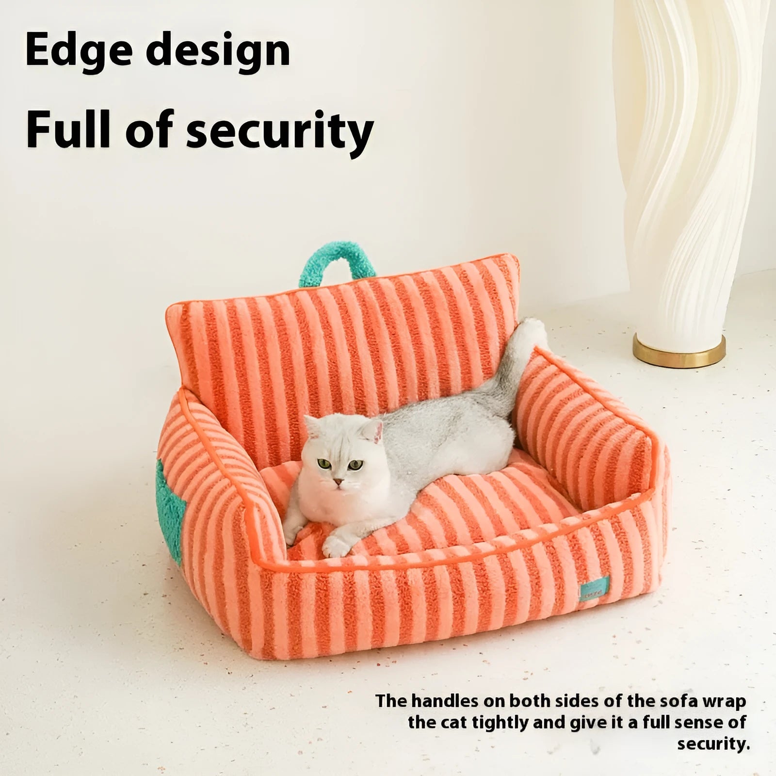 Striped soft velvet pet bed with removable cover in orange, purple or yellow for dogs and cats