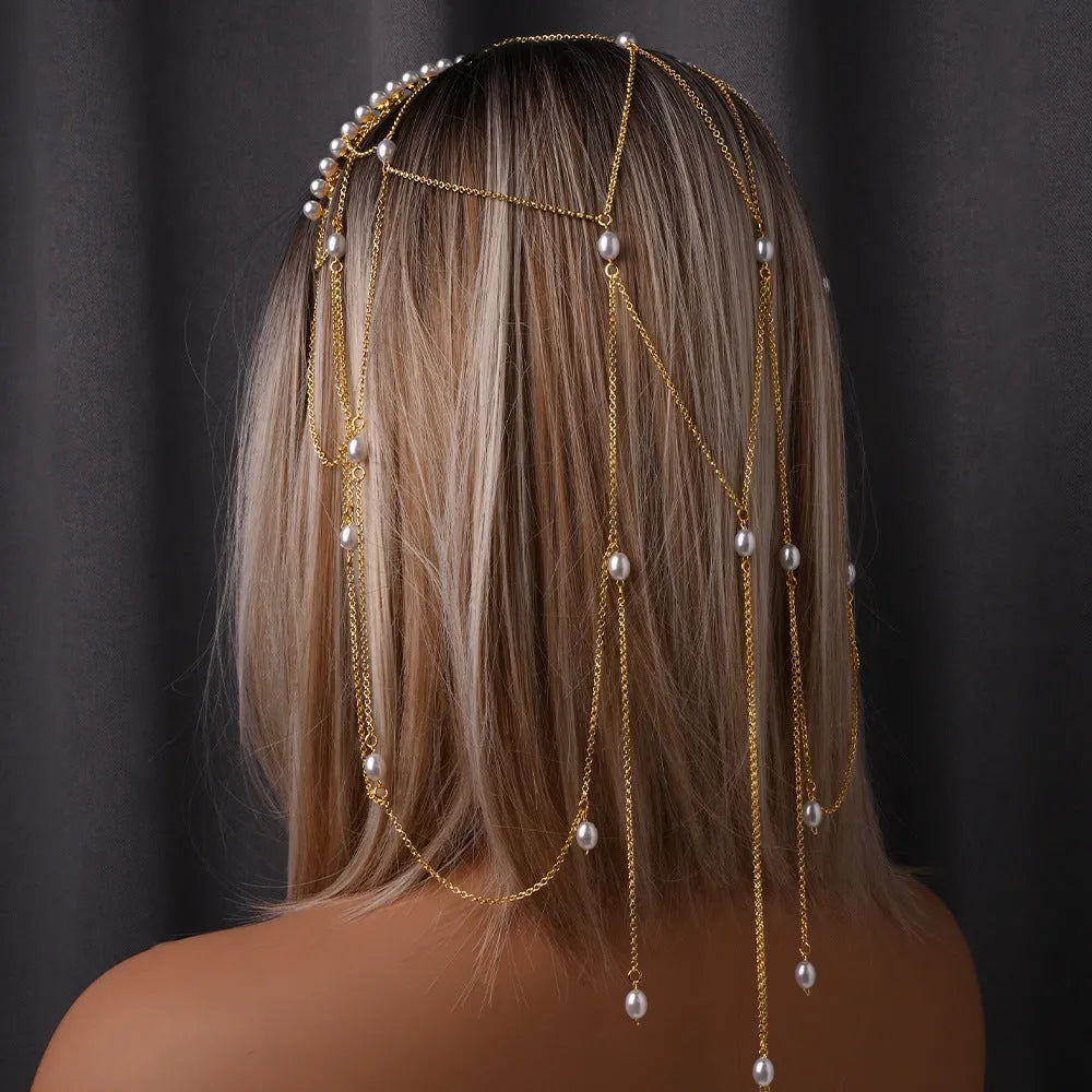 Gold and silver tassel hair chain for women with pearl detailing and electroplated finish
