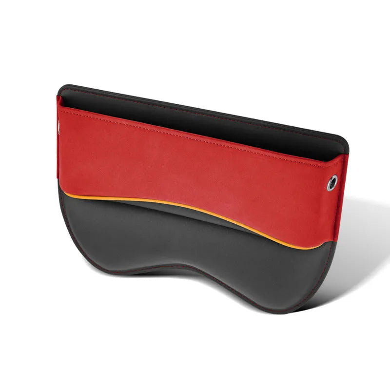 Leather car seat storage box in beige colour on a car seat.