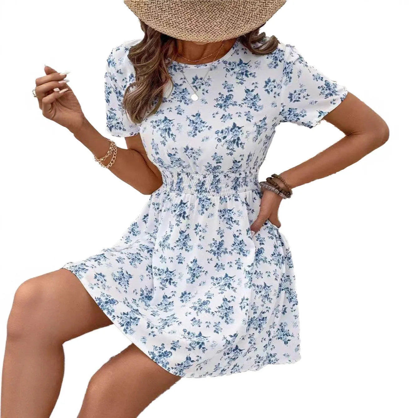 Light blue high-waisted A-line casual dress with regular sleeves on a mannequin