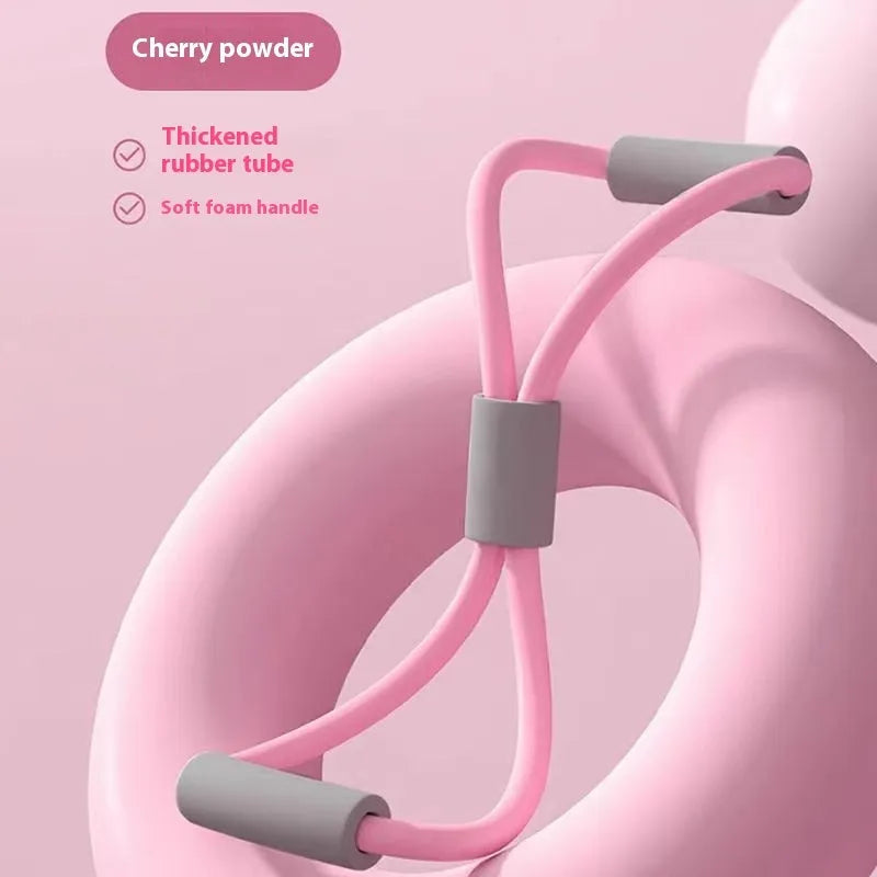 Yoga four-piece set showing a leg beauty device, yoga ring, pedal tension device, and figure eight tension rope.