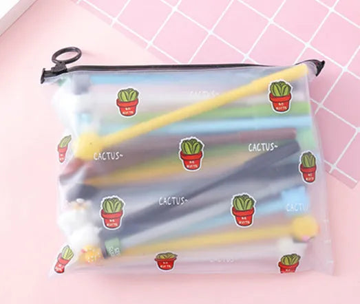 Cactus-themed pen set with 20 black 0.5mm gel pens and a matching zippered plastic case.
