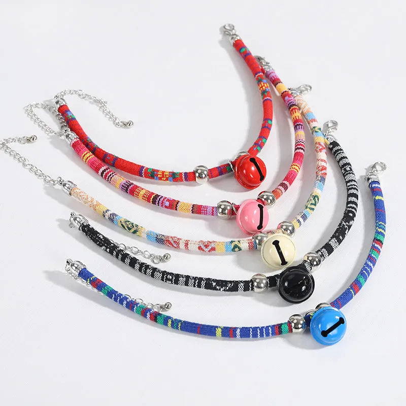 Ethnic patterned adjustable pet collar with bell in multiple colour options