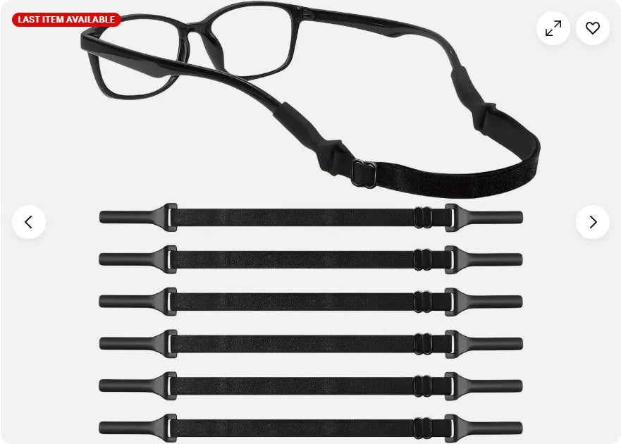 Black adjustable glasses cord with silicone earpiece clips shown on spectacles