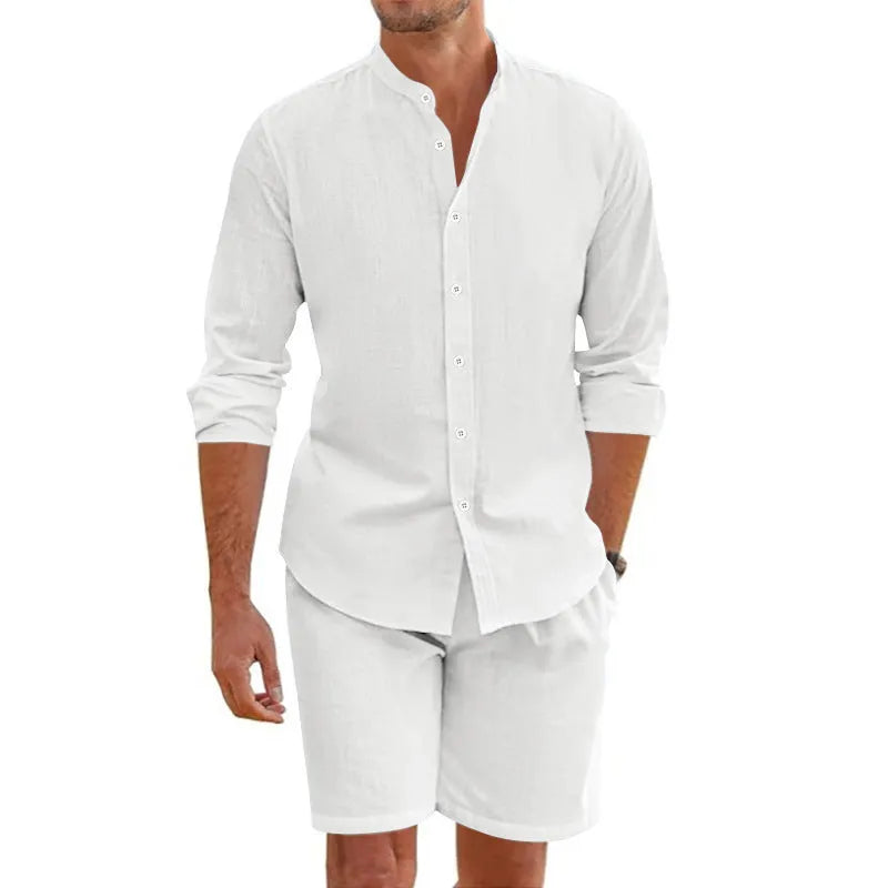Men's dark grey hemp linen blend summer short suit with lapel shirt and drawstring shorts on a hanger.