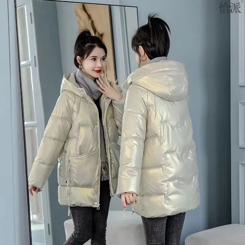 Women's loose thick hooded winter jacket in acrylic blend fabric shown in available colours