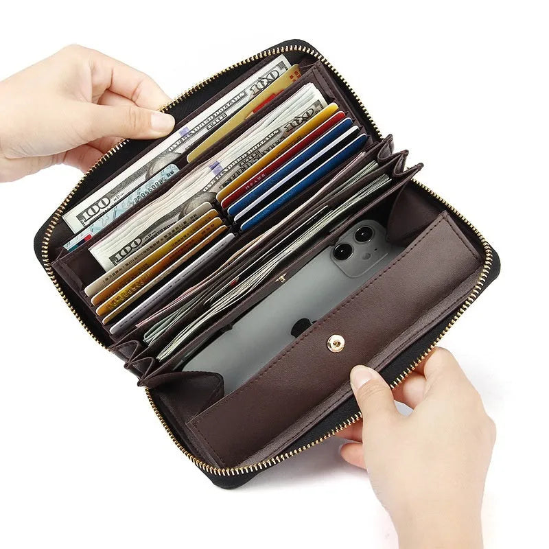 Long genuine leather women's wallet showing interior organisation and RFID protection feature