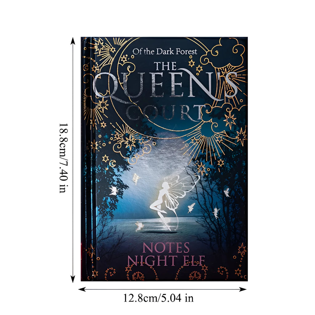 A5 luminous hardcover notebook with retro night elves design, showing blue and purple colour options.