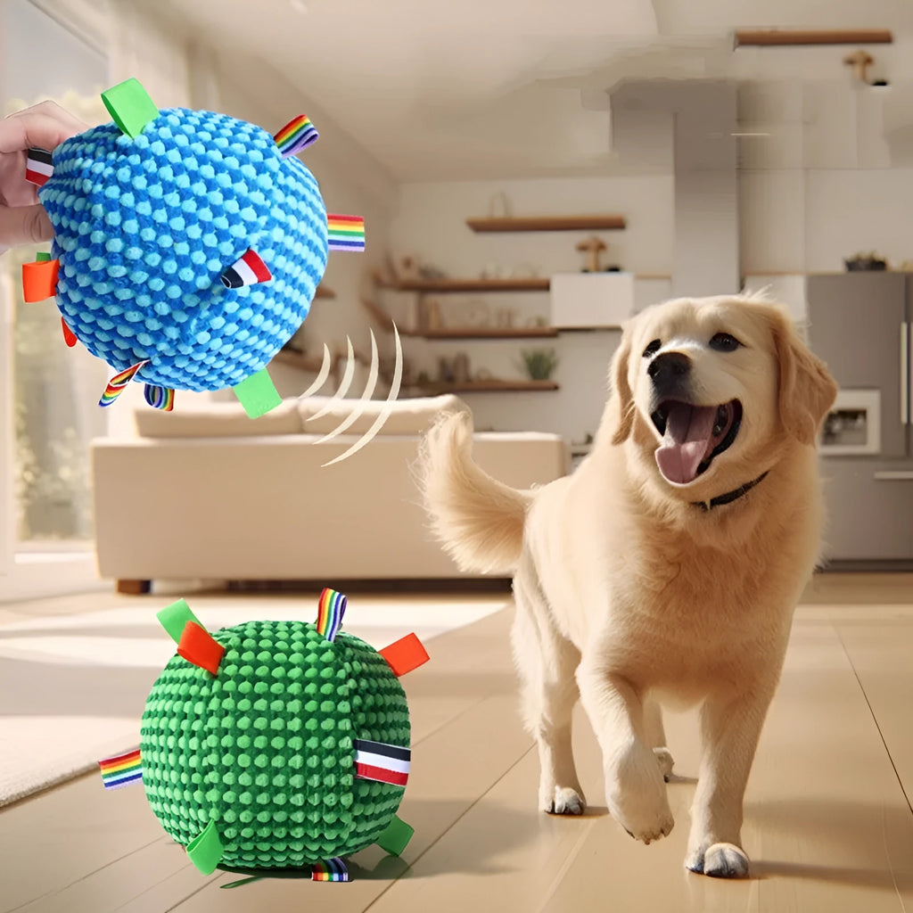 Blue pineapple lattice rolling ball dog toy with vocal feature approximately 17cm diameter