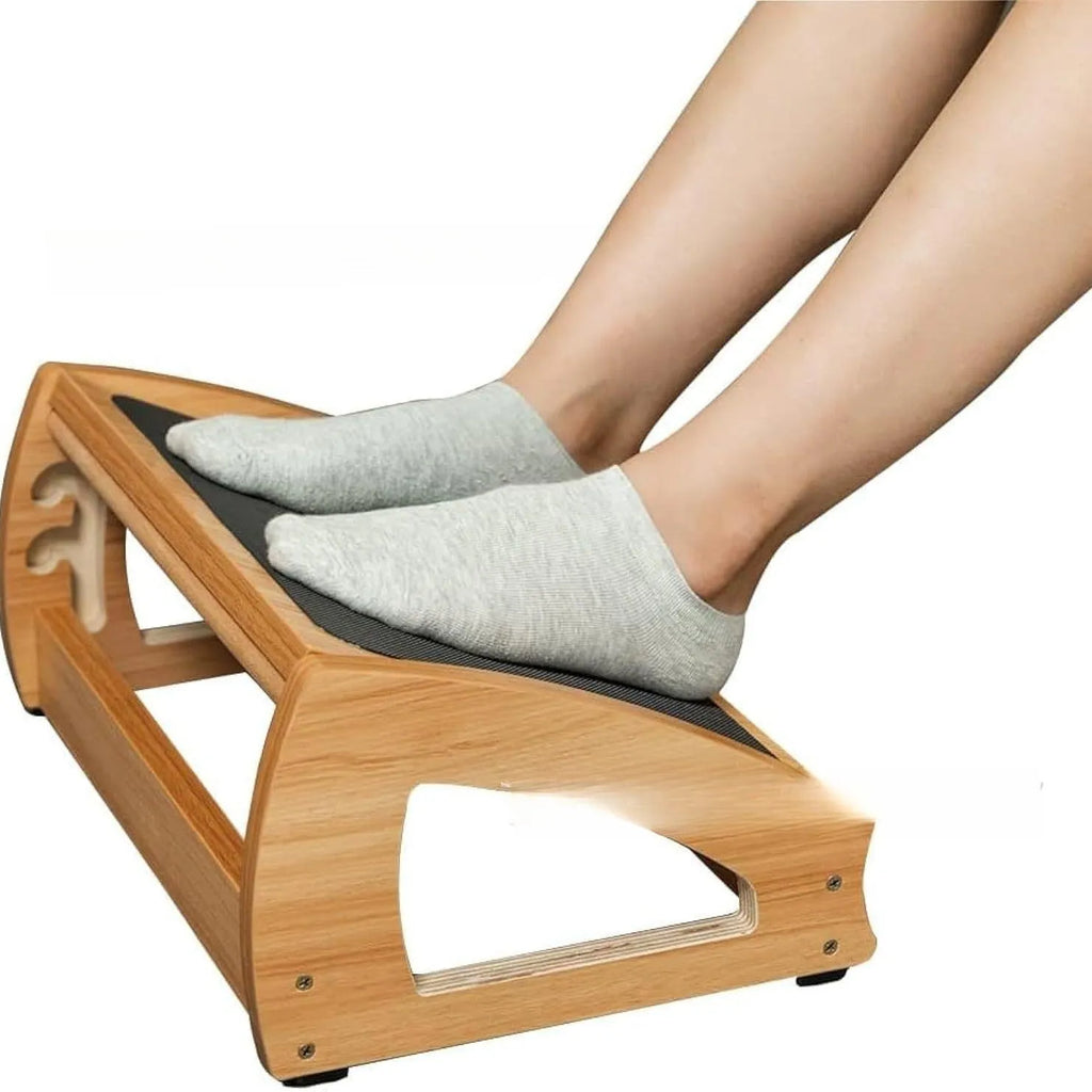 Wooden bamboo office desk footstool in natural wood colour for adult ergonomic support