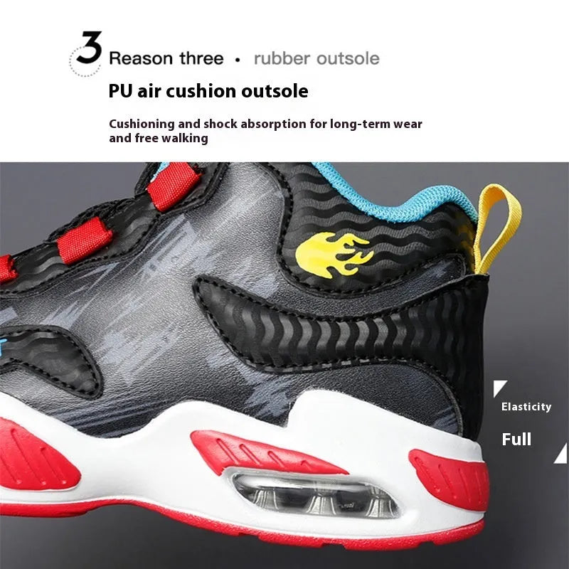 Children's rotating button basketball running shoes in multiple colours on a white background.